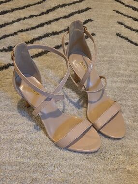 Nude Cross-Strap Mid Heel Sandals